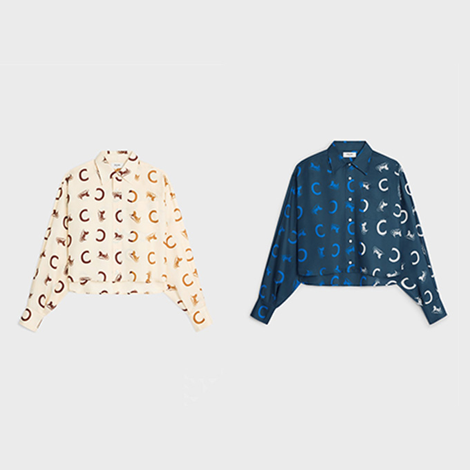 celine classic carriage emblem c letter printed twill silk short sleeve collared shirt